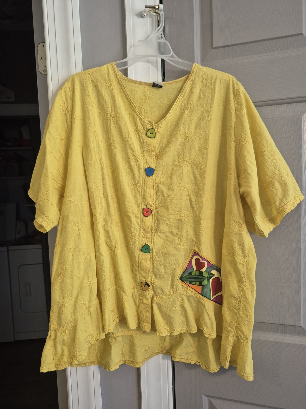 Womens Yellow Button-Front Top with High-low Ruffle Hem and Heart Patch Accent